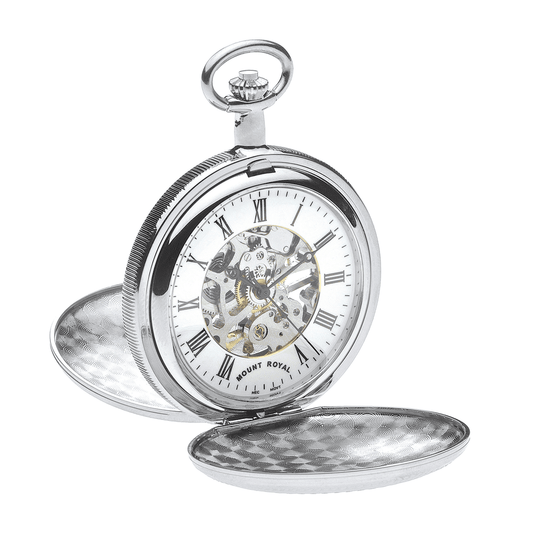 Chrome Plated Double Hunter B22 Skeleton Pocket Watch