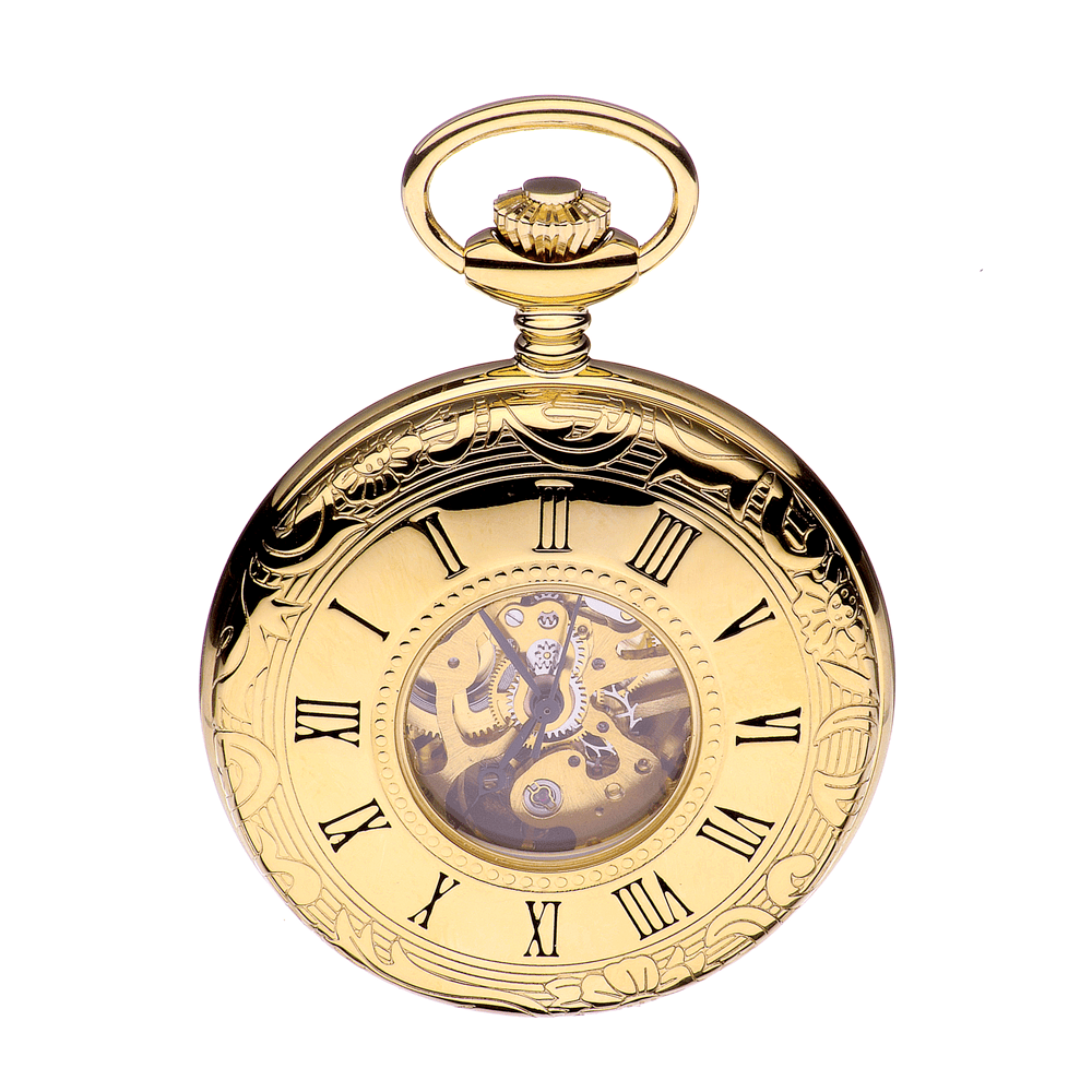 Gold Plated Half Hunter B6 Skeleton Pocket Watch